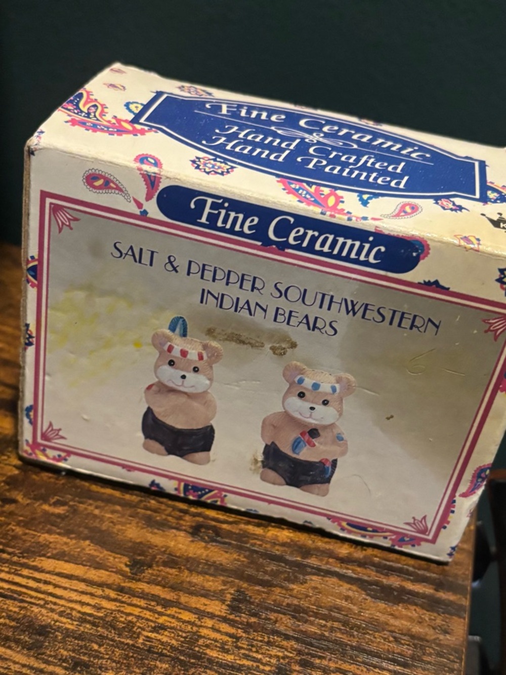Vintage Fine Ceramic Salt & Pepper Southwestern Indian Bears - Beige & Blue